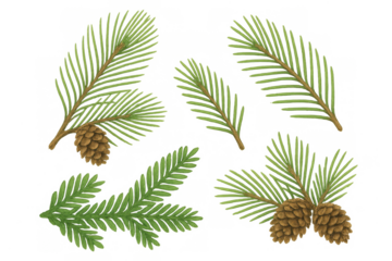 Pine tree branches and cones vector illustration. Evergreen conifer elements with needles isolated on transparent background