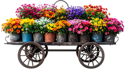 A wooden cart overflowing with colorful potted flowers of various hues and sizes