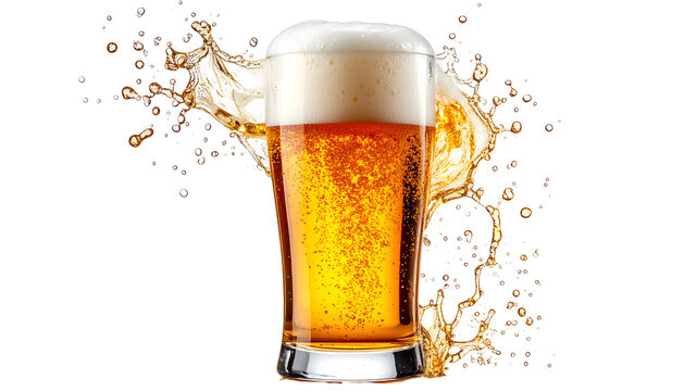 A tall glass of golden brew with a frothy head, surrounded by splashing liquid