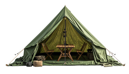 A green canvas tent interior with a small wooden table, chairs, and camping gear
