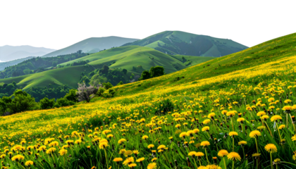 Lush green hills dotted with yellow wildflowers under a partly obscured, hazy sky
