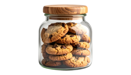 A clear glass jar filled with fresh, golden-brown chocolate chip cookies, wooden lid