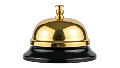 Golden bell atop black base, isolated against a transparent background. Shiny, reflective metal
