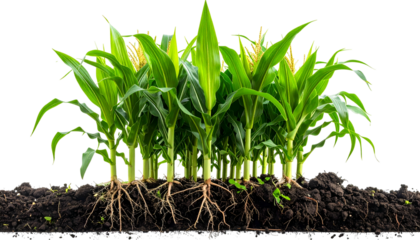 Green corn plants with visible roots grow from dark soil against a transparent backdrop