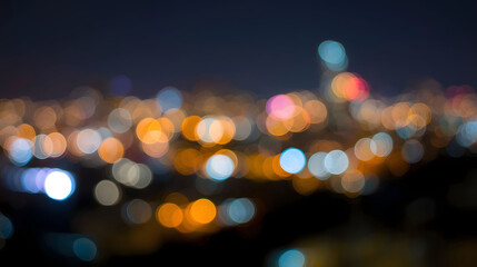 Abstract city lights bokeh at night with colorful glowing orbs, modern urban background expressing energy, nightlife atmosphere, and contemporary metropolitan mood
