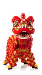 A vibrant red and gold Chinese lion dance costume, intricately designed for festive cultural celebrations and performances.