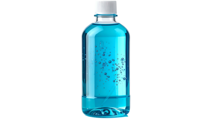 A transparent bottle filled with blue liquid and bubbles against a solid black backdrop