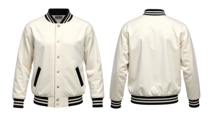 Front and back views of a cream-colored, snap-button varsity jacket with black trim