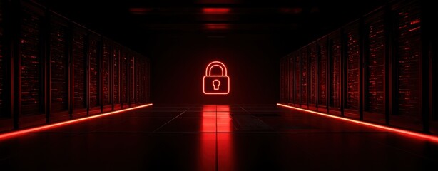 Server room with rows of server racks, lit by red neon lighting, displaying glowing locked padlock. Concept for data security, cyber protection in data centers.