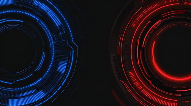 Futuristic holographic circular tech interface with glowing blue and red neon rings on dark background, representing cyberpunk, digital UI, sci-fi technology for gaming, app or tech design projects - Powered by Adobe