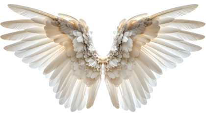 A symmetrical image of large, white bird wings spread wide against a stark black background