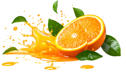 A vibrant image of a sliced citrus fruit with a splash, leaves, and droplets