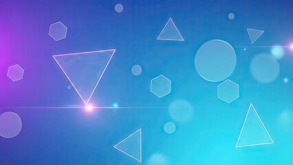 Vibrant geometric shapes floating in colorful gradient background with glowing light
