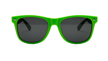 Neon green sunglasses with dark lenses, set against a stark black background