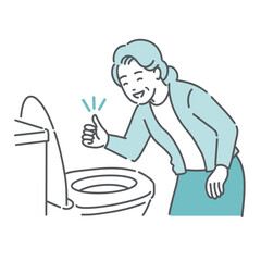 トイレで便の状態を確認してOKサインを出す高齢女性のイラスト（快便・介護・健康管理）