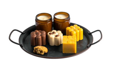Artisan candles of various shapes and colors sit on a dark tray against a black background