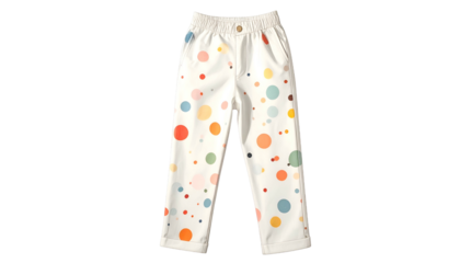 White pants with a polka dot pattern in various bright colors, styled casually
