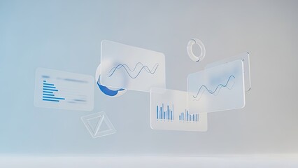 Floating business data visualization charts and graphs in modern transparent screens