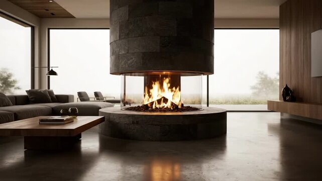 Modern cylindrical fireplace with burning wood in luxury minimalist living room interior