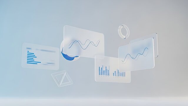 Floating business data visualization charts and graphs in modern transparent screens - Powered by Adobe