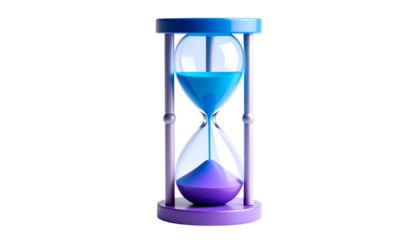 A stylized hourglass with blue and purple sand, set against a solid black backdrop