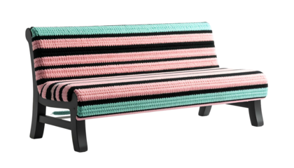 A bench with a striped knitted seat and back, resting on a dark gray wooden frame