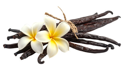 Close-up of vanilla pods tied with twine, adorned with two delicate, cream-colored flowers