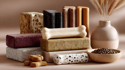 Assorted pet supplies mockups dog treats bones and neutral packaging for market delivery and commercial display studio still life