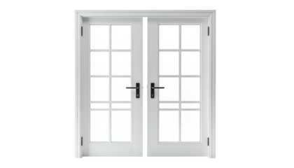 White French doors with multiple panes of glass and black hardware, centered