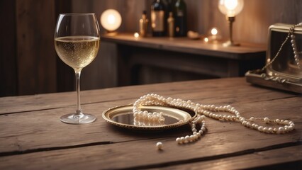 Pearl necklace and white wine glass on wooden table in elegant interior