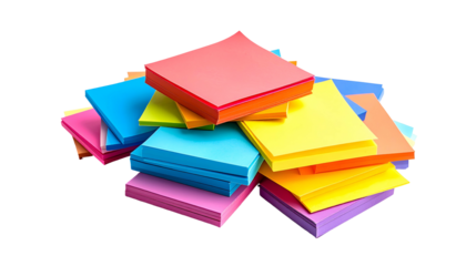 A pile of colorful sticky note pads with edges visible against a transparent background
