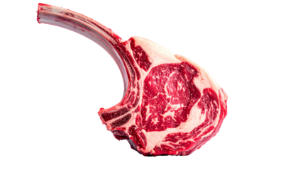A raw, cut of beef featuring a bone and marbled red meat, set against black
