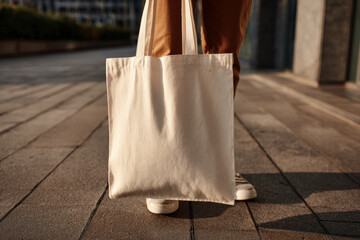 White canvas tote bag carried outdoors, ideal for branding, advertising, eco friendly campaigns, reusable shopping concepts, and product mockup presentations with clean copy space.