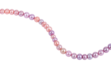A delicate string of graduated pink and lavender pearls curves against a black background