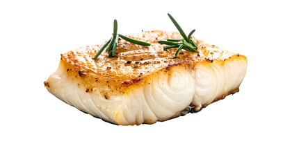A single cooked white fish fillet, browned on the top, with herb garnish on a black background