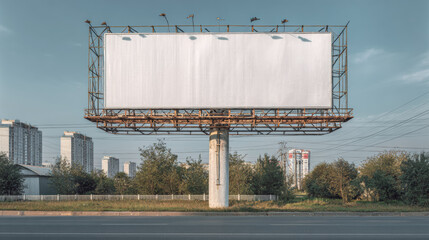 Large blank billboard mounted on a city rooftop against clear blue sky, providing copy space for outdoor advertising, branding, marketing campaigns, and urban business promotion.