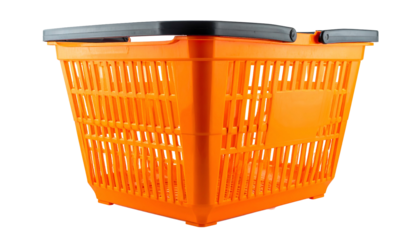 Bright orange plastic shopping basket with black handles against a stark black background