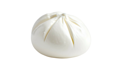 Fresh white cheese ball with soft folds and creamy texture, isolated on black