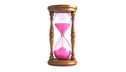 Close-up of a wooden hourglass with pink sand against a black background