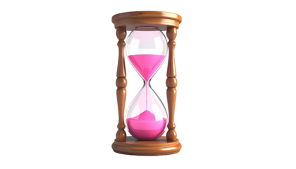 Close-up of a wooden hourglass with pink sand against a black background