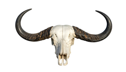 A stark white buffalo skull with massive, curving horns against a black background
