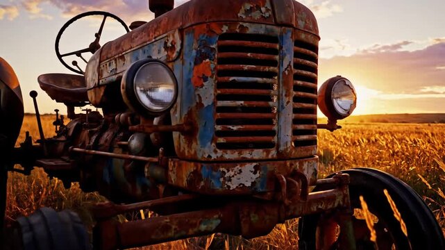 Weathered old rusty tractor standing alone in quiet rural field at golden sunset, long shadows across grass, nostalgic agricultural heritage scene, peaceful countryside mood