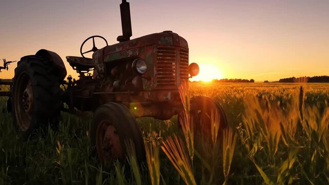Weathered old rusty tractor standing alone in quiet rural field at golden sunset, long shadows across grass, nostalgic agricultural heritage scene, peaceful countryside mood