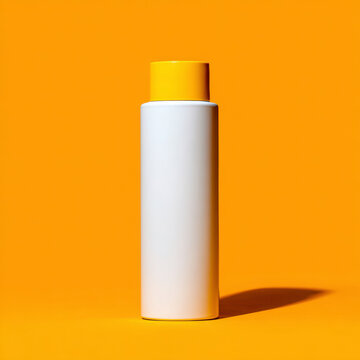 Minimal orange cosmetic bottle on blue background, unbranded packaging design suitable for skincare, sunscreen, personal care, beauty advertising, product mockups, and modern brand marketing visuals.
