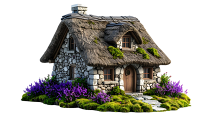 Whimsical stone cottage with thatched roof, surrounded by vibrant flowers and lush greenery