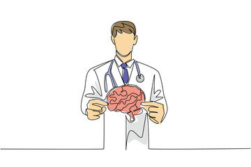 single line drawing of a male doctor holding a human brain highlights the health concept, raising awareness for World Brain Tumor Day as an important international medical event illustration.