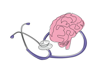 Continuous line drawing of a human brain with a stethoscope symbolizes the health concept, created for World Brain Tumor Day as a global international medical awareness and support event.