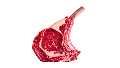 Isolated cut of raw, red meat, resembling a tomahawk, with white marbling and bone