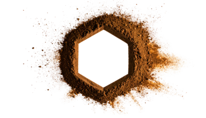 Hexagonal frame created from exploded brown powder on a black background