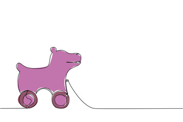 Delightful single line drawing of a friendly hippopotamus pull toy on wheels. A simple childhood concept that embodies the joy of classic wooden toys, imaginative safari play, and fun.